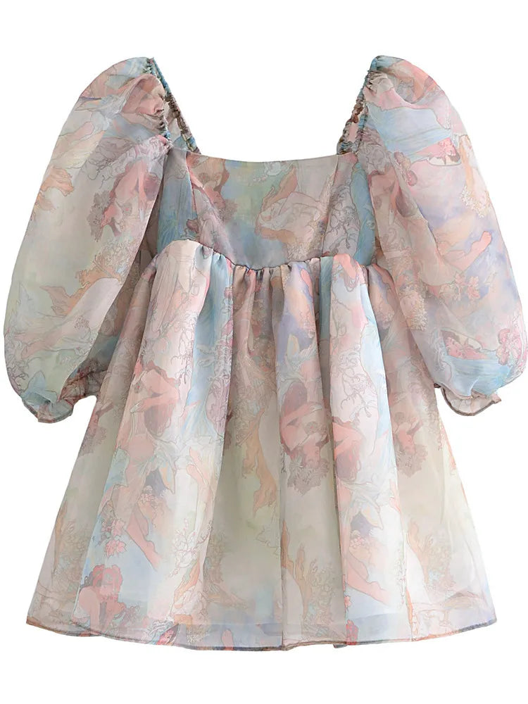 qgtao 2024 Princess Vintage Tie dye Beauty Girl Print Organza Ball Gown Dress Puff Sleeve Women Swing Mini Dresses Fairy Robe Vestidos