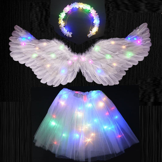 Girls Women Kids Adult LED Light Up White Feather Wing Angel Halo Glow Party Costume Gift Birthday Wedding  Halloween Christmas