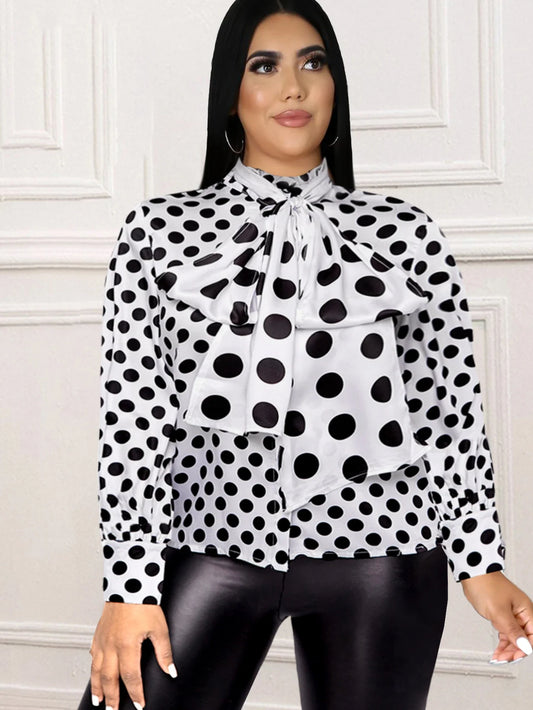 qgtao Plus Size Blouse for Women Black White Printed Long Sleeves Button Up Formal Occasion Office Lady Work Shirts Tops with Bowtie