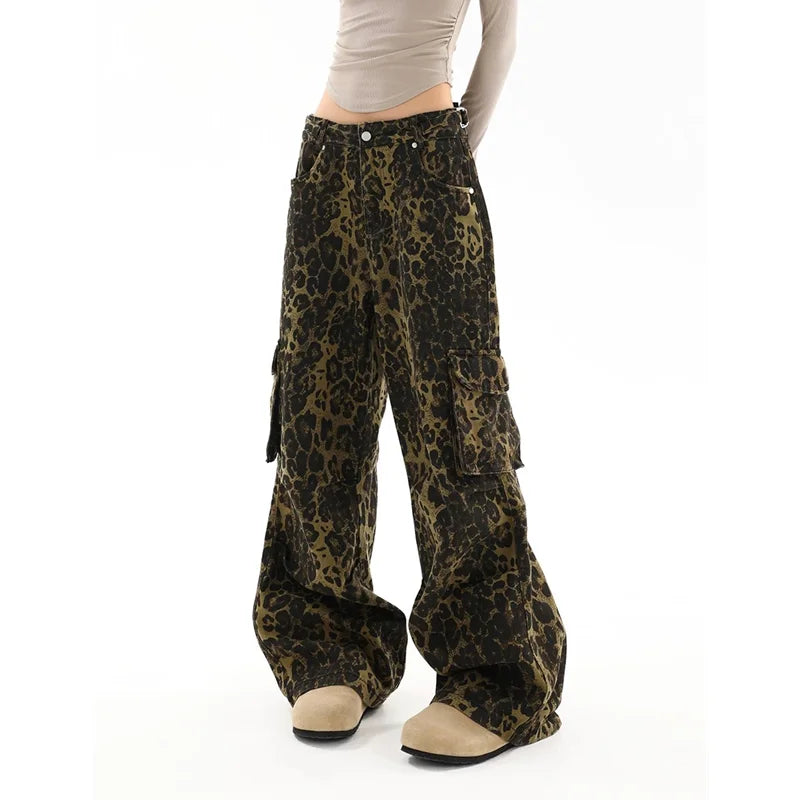qgtao - American Vintage High Waist Trashy Jeans 2024 Autumn Women Casual Baggy Leopard Print Pants Wide Leg Grunge Street Denim Trouser