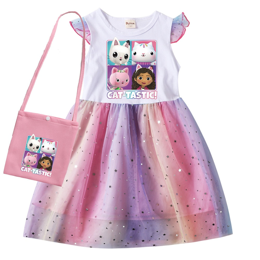 Gabbys Dollhouse Clothes Baby Girls Sleeveless Dresses with Small Bag Kids Cartoon Cats-tastic Wedding Party Princess Vestidos