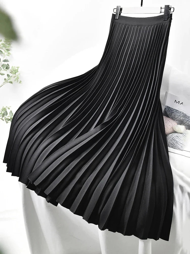 qgtao Elegant Long Pleated Skirt Women Spring Autumn Solid Elastic Waist A-line Slim Luxury Midi Skirt Vintage Female