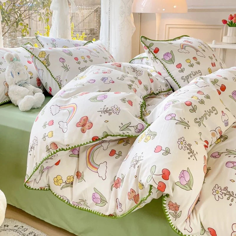 Yeknu Pastoral Girls Flower Bedding Sets, Washed Cotton Bed Linens, Soft Quilt Cover Sheet Set, Simple Bedspread, Home Textiles