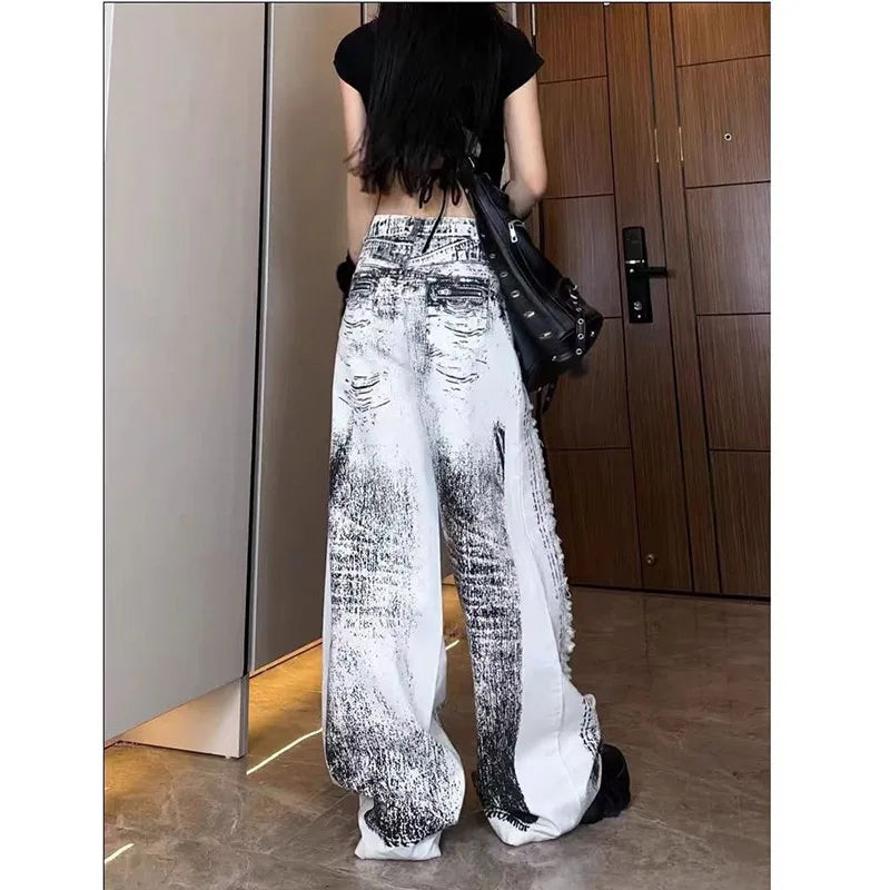 qgtao - Women Grey Ripped Jeans High Waist America Feeling Street Wide Leg Pants Y2K Vintage Ins Straight Baggy Plus Size Denim Trousers