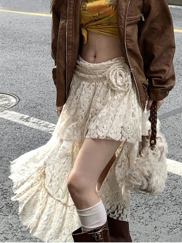 qgtao Lace Irregular Skirts Y2k Aesthetic Bohemian Beach Casual Design Casual Ruffled Fairy Sexy Harajuku Skirts 2024 Spring