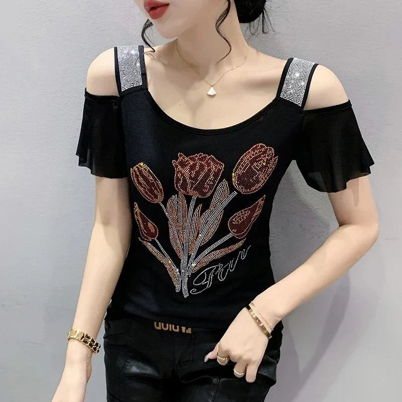 Runway Fashion European Women's Clothes Sexy Off Shoulder Letter Shiny Diamonds T-Shirts Luxury Brand Mesh Tees Tops Blouse
