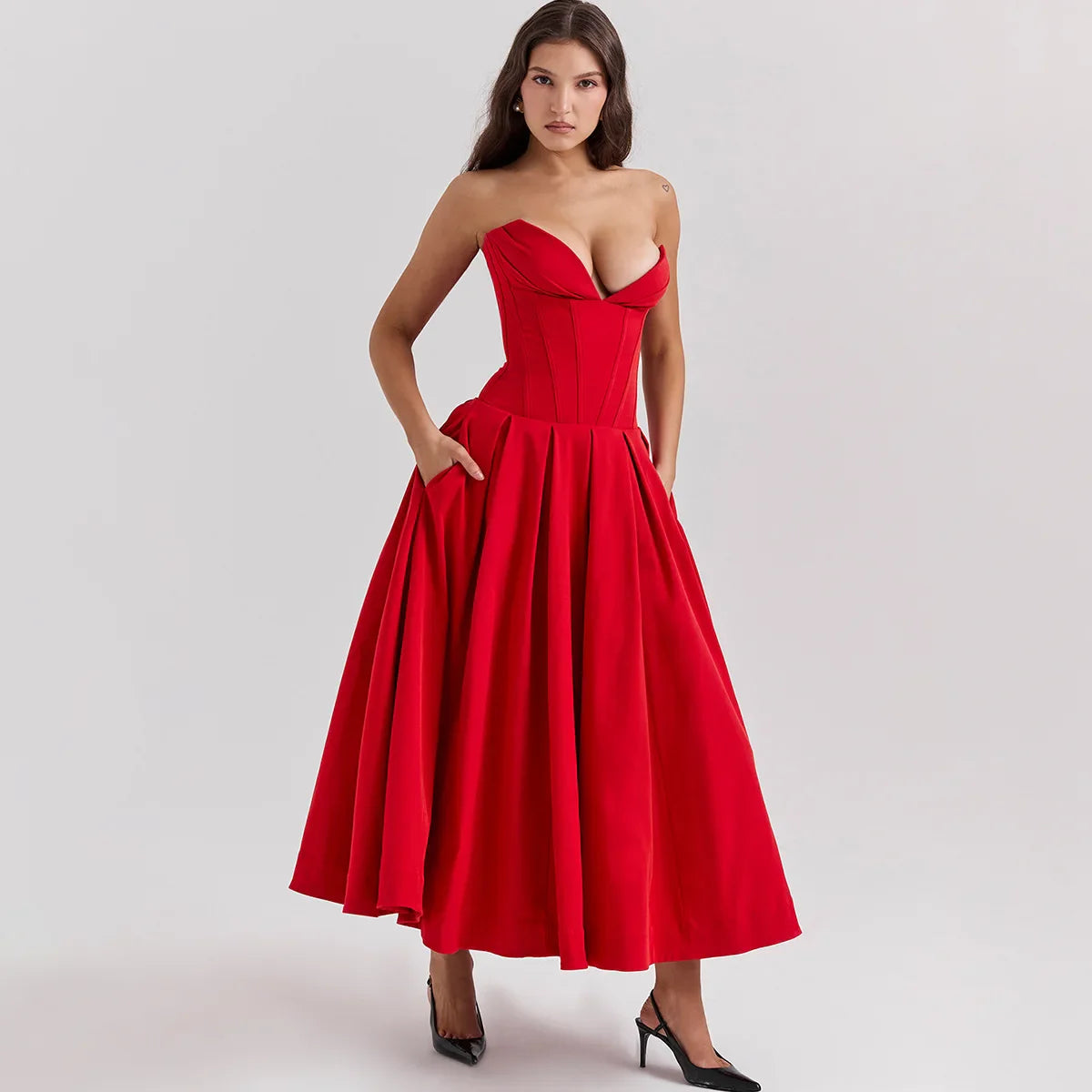 qgtao Summer Formal Occasion Strapless Dress Sexy Elegant Fit and Flare Birthday Party Dresses Red Women's Clothing