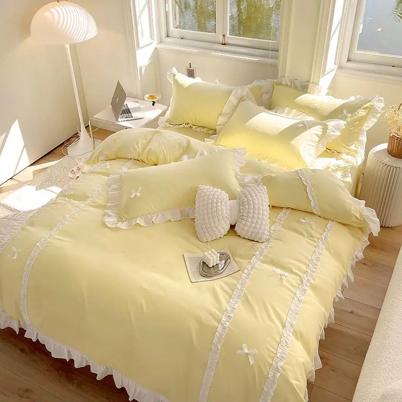 Yeknu Princess Style Duvet Cover Set with Flat Sheet Pillowcases Korean Green Pink Girls Gift Spring Single Queen Size Bedding Kit