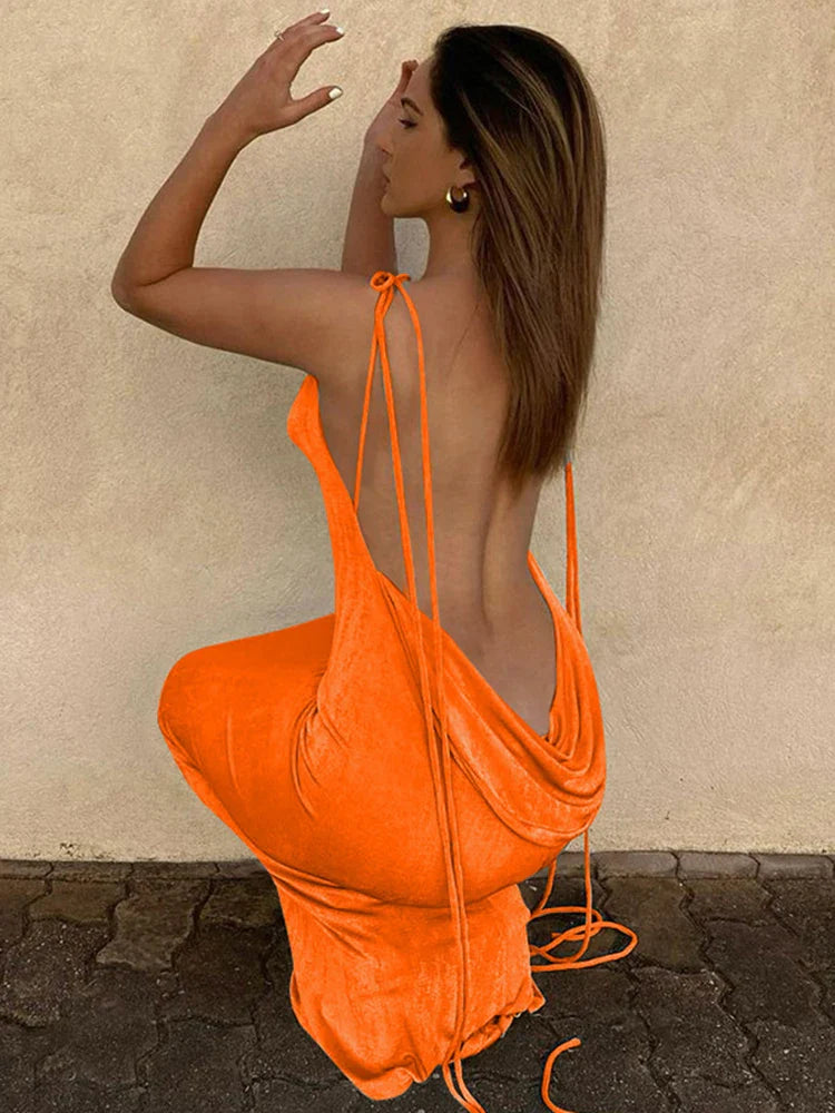 qgtao Swing Collar Backless Sleeveless Drawstrings Hollow Out Slit Sexy Maxi Prom Dress 2023 Summer Women Party Y2K Robe