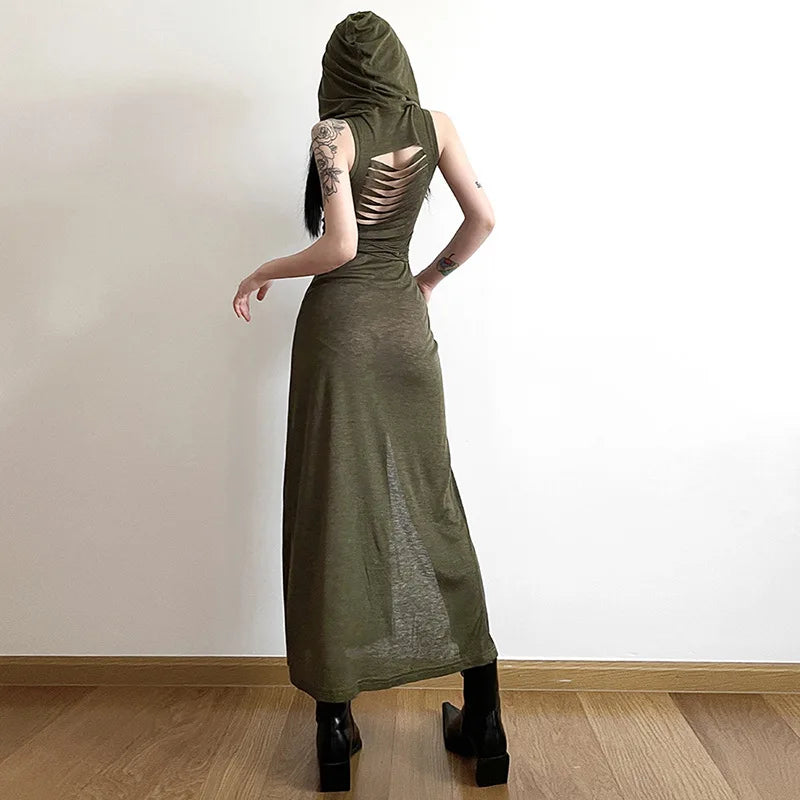 qgtao Cyber Gothic Desert Walker Hooded Dresses Y2k Punk Grunge Hollow Out Midi Dress Women Sexy Split Side Solid Streetwear