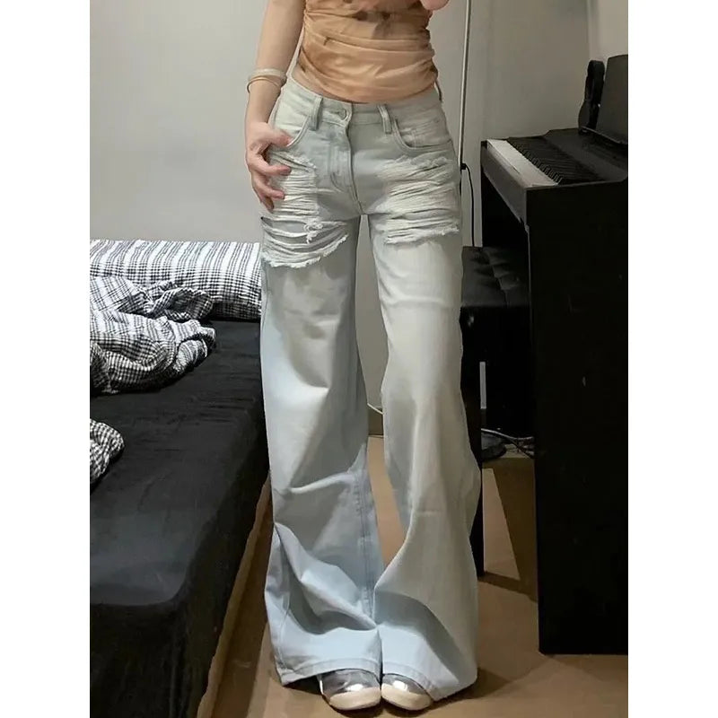 qgtao - Blue Womens Jeans High Waist Vintage Straight Summer Y2K Ripped Denim Pants Streetwear American Wide Leg Baggy Denim Trouser