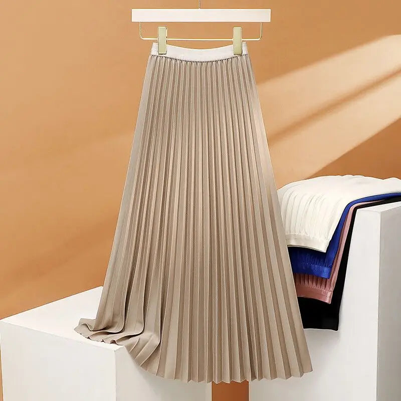 qgtao Elegant Long Pleated Skirt Women Spring Autumn Solid Elastic Waist A-line Slim Luxury Midi Skirt Vintage Female