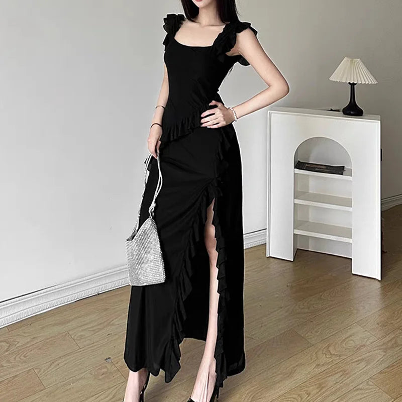 qgtao Irregular Sexy Bodycon Women Hot Girl Sling Midi Long Dress Tassle Ruffle Backless Black Red Blue Bandage Sheath Party Dresses
