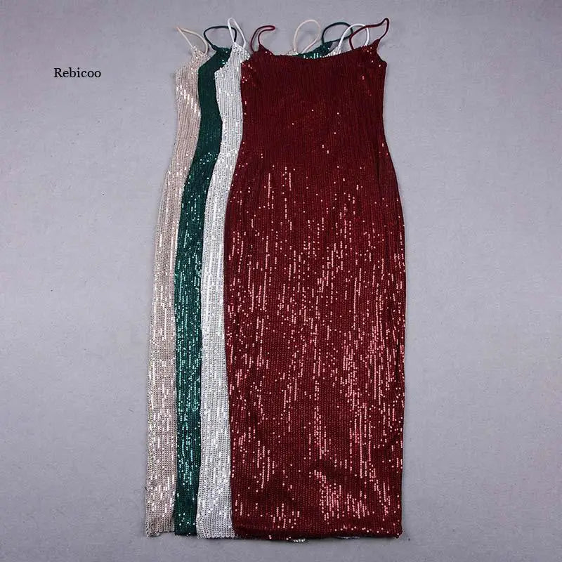 qgtao New Fashion Sequined Spaghetti Strap Sexy Backless Bodycon Midi Dress For Women Evening Party Vestidos