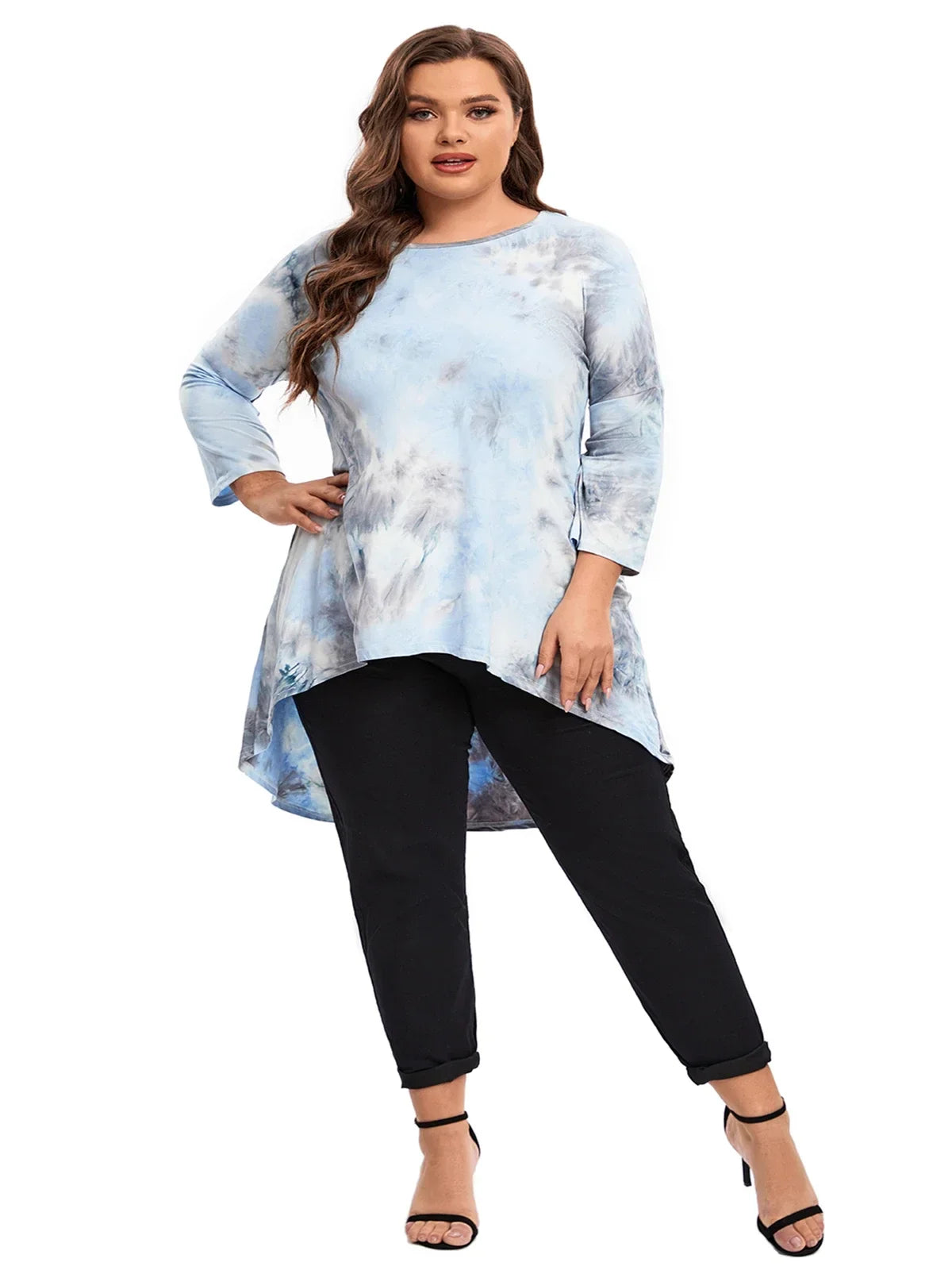 qgtao Plus Size Long Sleeve Elegant Tie Dye Tunic Tops Long Loose Autumn Hi Low Swing Blouse T-shirt Plus Size Clothing Women 6XL 7XL