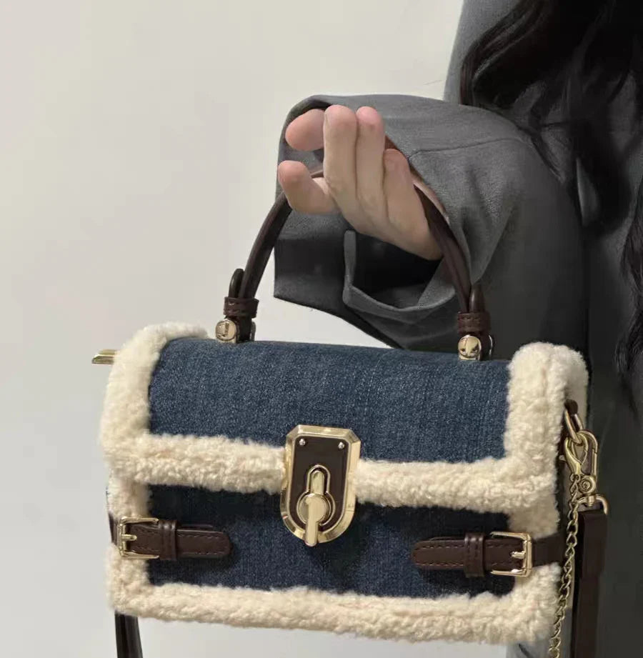 qgtao High Appearance Lamb Wool Bag Autumn Winter New Style All-In-One Handbag Senior Patchwork Crossbody Bags Suede Commuter Bag