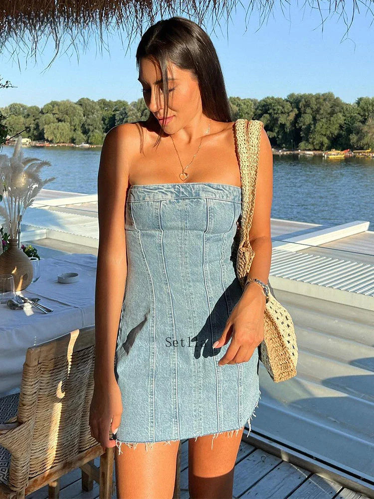 qgtao 2024 Denim Mini Dress Women Fashion Slim Backless Strapless Sleeveless Sexy Bodycon Dresses Summer Causal Party Mini Dress