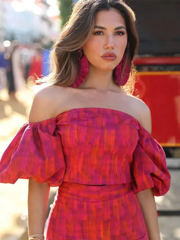 qgtao Women Sexy Off Shoulder Top Hip Wrap Skirt Sets Elegant Puff Short Sleeved Crop Tops Slim Skirt Suits Summer Lady Chic Outfits 