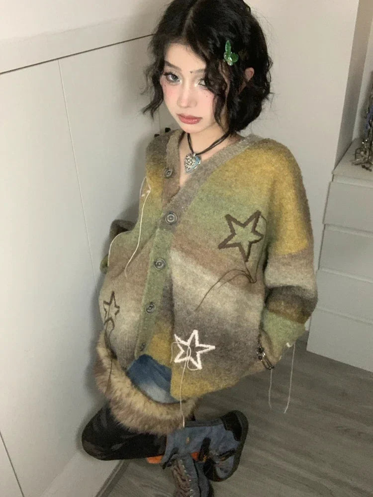 qgtao Vintage Star Knitted Cardigan Women Harajuku Autumn Winter Oversized Sweater Retro Embroidery Tops Fairycore Aesthetic