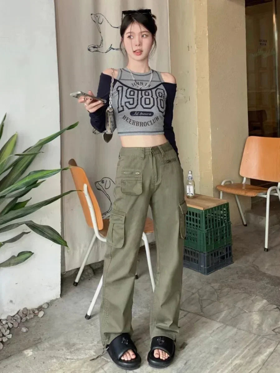 qgtao Y2k Streetwear Vintage Korean Crop Top Women Sexy American Retro Letter Printed T Shirts Off Shoulder Aesthetic Clothes