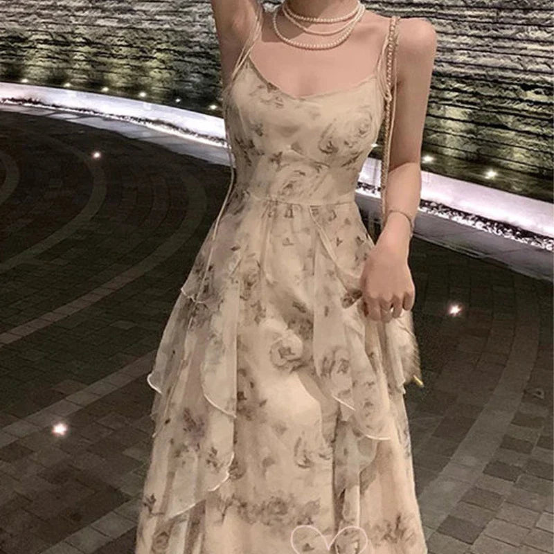 qgtao Elegant Holiday Dresses for Women Long Floral Chiffon Midi Dress Sleeveless Vintage Dress Fairy Slim Party Casual