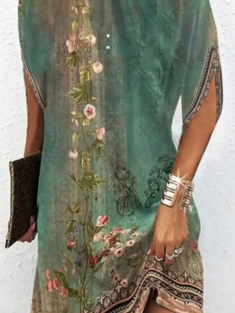 qgtao  Female Vintage Flower Print Batwing Sleeve Elegant Party Dress 2023 Summer Short Sleeve Round-Neck Mini Dresses For Women