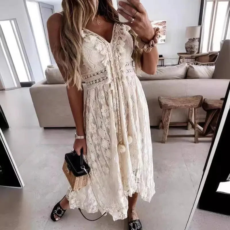 qgtao Women's Summer Beach Dress Cover Up Slip Boho Maxi Dress Lace Up Tassel V-Neck Flare Ruffle White Beach Dresses 2024 Vacation