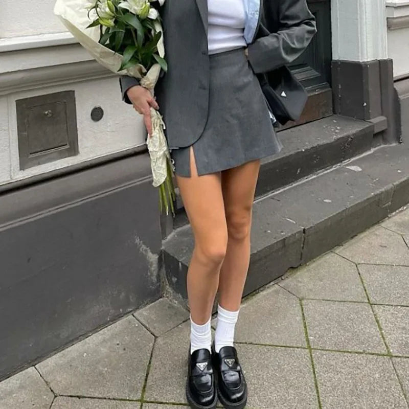 HOUZHOU Grey Mini Skirt Women Summer Vintage Streetwear High Waist A-line Split Gyaru Bodycon Pencil Skirt Korean Style Casual