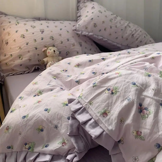 Yeknu French Style Bedding Set Pastoral Colored Grape Double-layer Gauze  Light Purple Washing Cotton Duvet Cover Bed Sheet Comforter