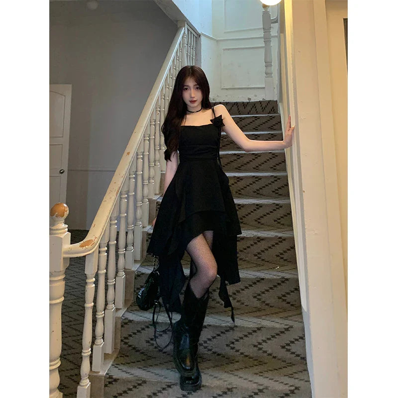 qgtao  Y2K Irregular Midi Dress Women Gothic Black Sexy Strap One Pieces Dresses Korean Party Prom Elegant Bodycon Vestidos New