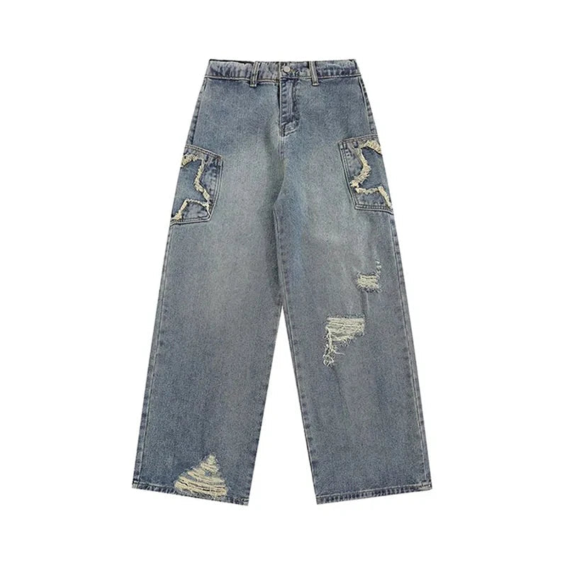 Women's Blue Star Ripped Jeans Baggy Harajuku Aesthetic Denim Trousers Y2k Wide Jean Pants Vintage 2000s Trashy Oversize Clothes
