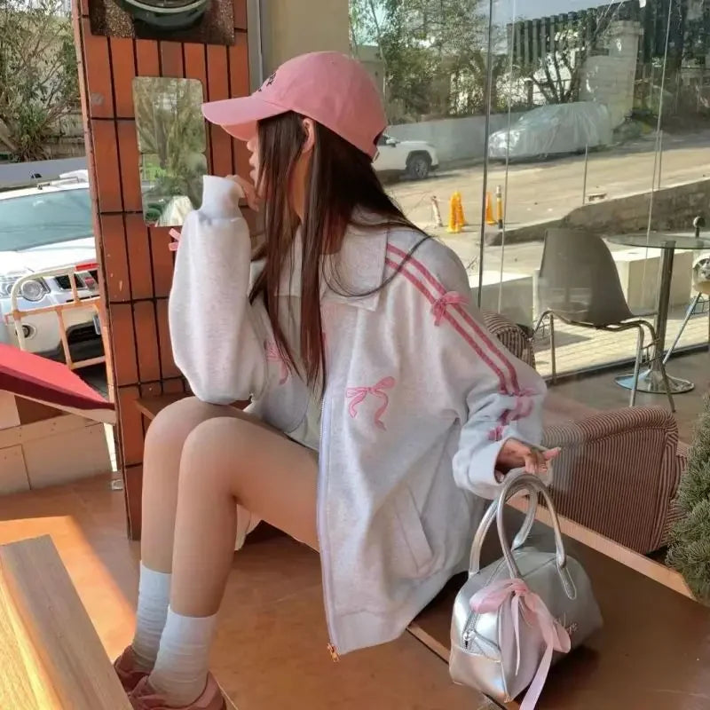 qgtao 2 Piece Skirt Sets Female Y2k Clothing Zipper Bow Sweet Korean Fashion Hoodie Suits Women Studentseven Party Outwear 2024