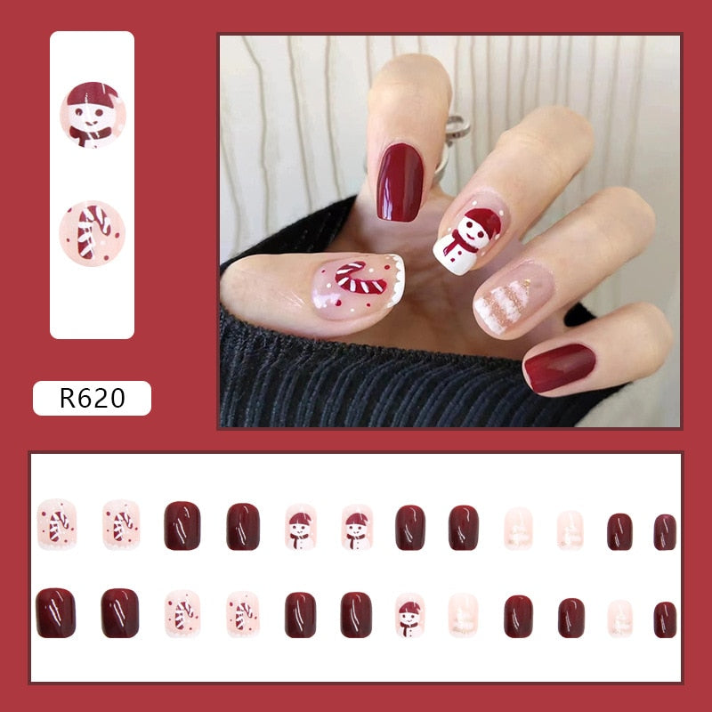 24pcs/Box Detachable Coffin False Nails Wearable French Ballerina Christmas Fake Nails Full Cover Nail Tips Press On Nails