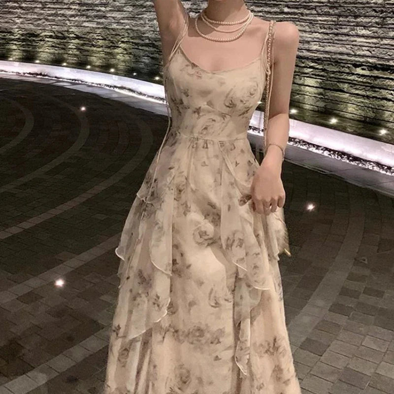 qgtao Elegant Holiday Dresses for Women Long Floral Chiffon Midi Dress Sleeveless Vintage Dress Fairy Slim Party Casual