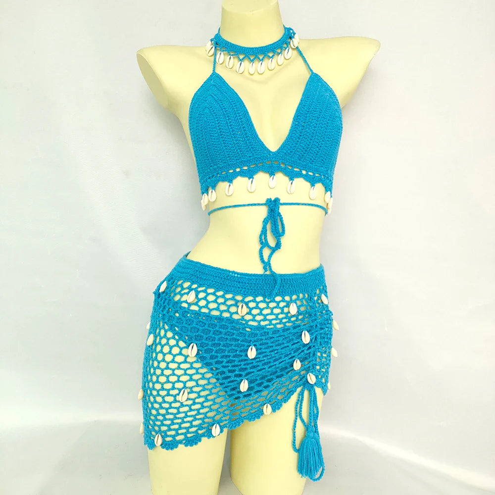 qgtao 4 pieces Woman Bikini Set Crochet Shell Tassel Top Sexy Thong Bottom See-Through Hollow Out Bandage High Waist Short Beach Skirt