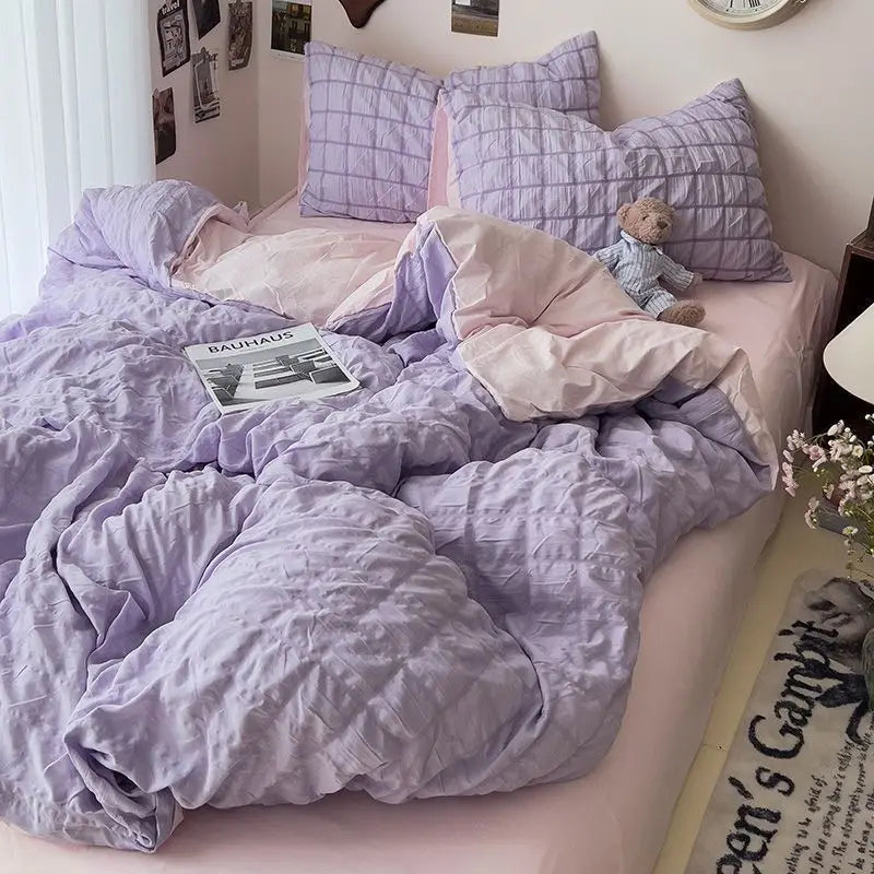Yeknu Seersucker Princess Girls Bedding Set Duvet Cover Korean Four PIECE Washed Cotton Bed Sheet Cover Quilt Set