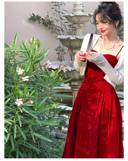 qgtao 2024 Summer French Vintage Strap Dress Women Red Elegent Korean Party Midi Dress Female Sexy Backless Evening Beach Fairy Dress