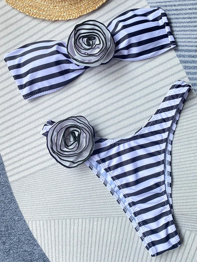 qgtao 3D Flowers Brazilian Strapless Bandeau Bikini Female Swimsuit Women Swimwear Two-pieces Bikini Set High Cut Bathing Suit Swim