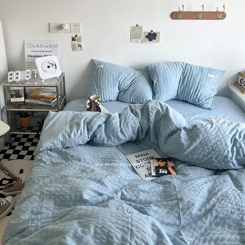 Yeknu Bedding Set Luxury High Grade Light  Washable Cotton Waffle Four Piece  Olive Green Quilt Cover Bed Sheet Dormitory Three Piece