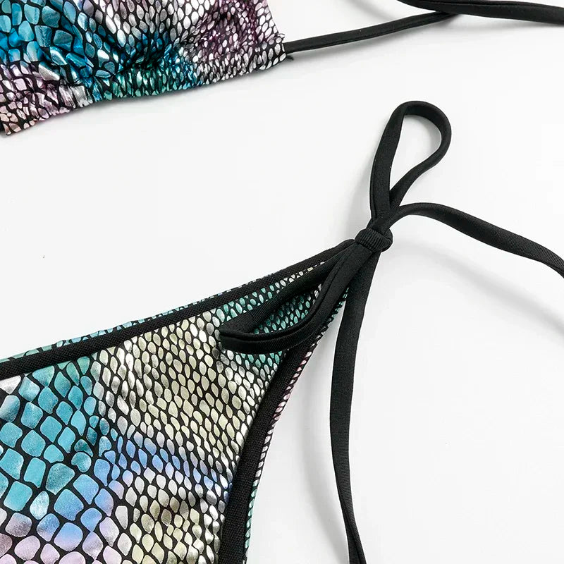 qgtao Fish Scales Shiny Halter Triangle Bikinis Set Swimwear Women Micro Thong Swimsuits Swimming Suit Biquinis Bikinis Mujer Swim