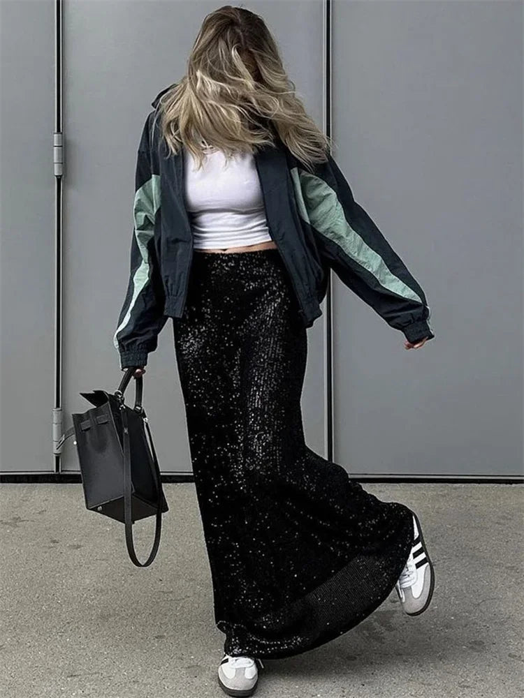 qgtao Sequin Female Sexy Maxi Skirt Summer Fashion Glitter High Waist Loose Elegant Club Long Skirt Sparkle Women Long Skirt New