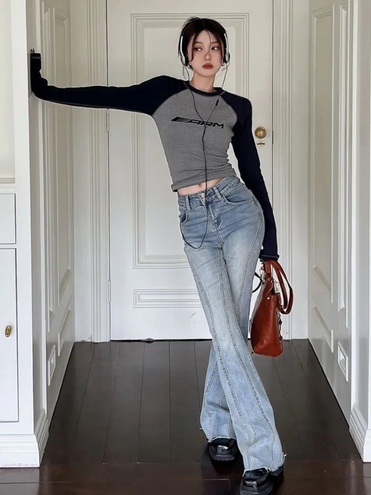 qgtao Y2k Slim T-shirts Women Patchwork Long Sleeve Top Female Fashion Letter T Shirt Ladies American Retro Casual Top Streetwear