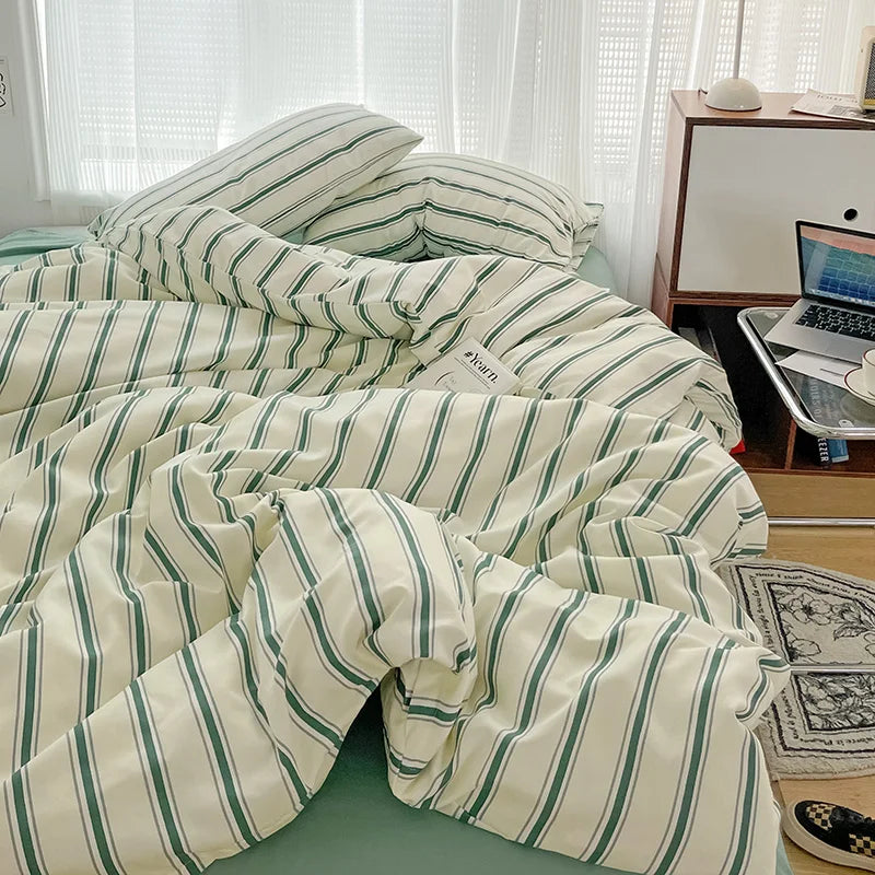 Yeknu Green Stripe Series Printed Soft Bedding Set Duvet Cover Bedclothes Bedspread Pillowcases Flat Sheets Comforter Sets for Girls