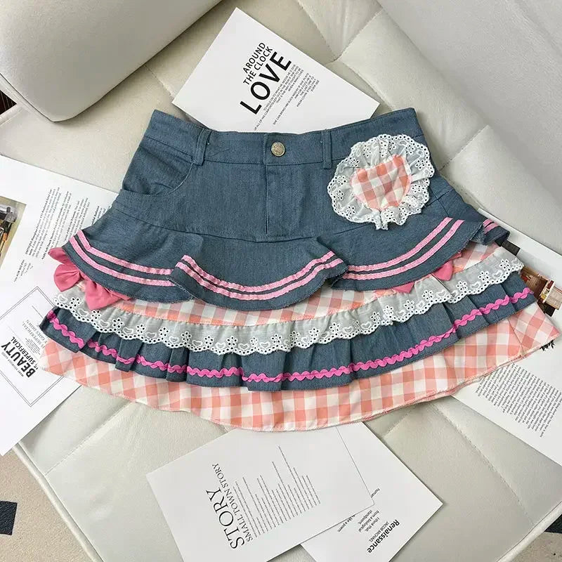 qgtao Kawaii Denim Skirt Women Japanese 2000s Style Y2k High Waist Bow Patchwork Cute Mini Jean Skirt Autumn Lolita Girl