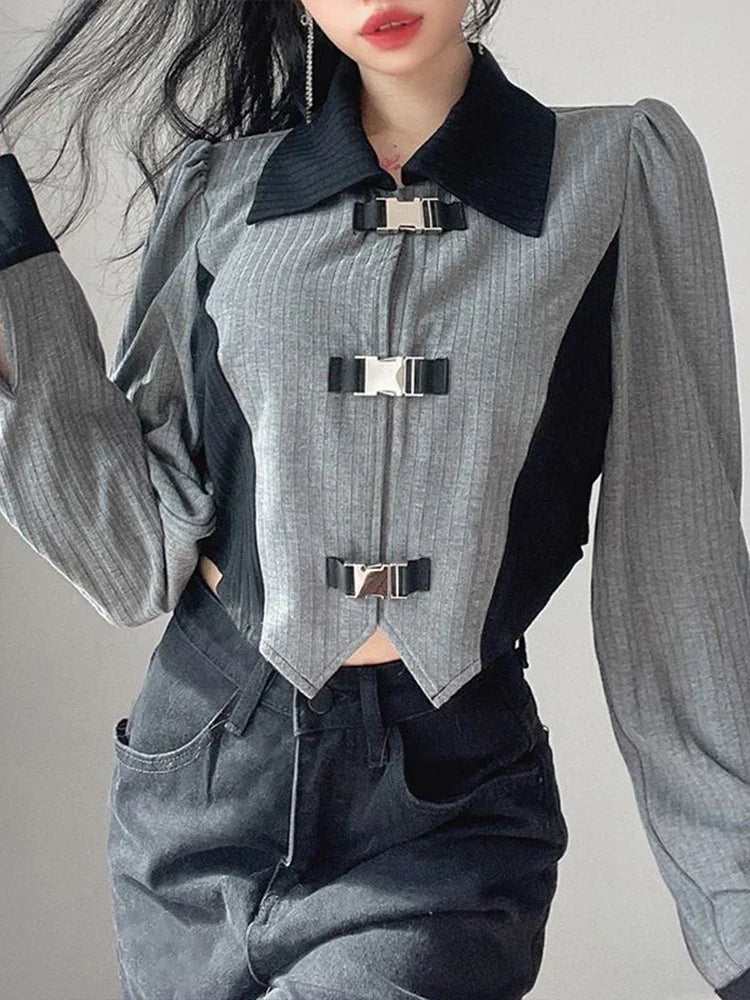 qgtao Y2k Aesthetic T-shirts Women Metal Buckle Design Crop Top Ladies Long Sleeve Patchwork Hot Girl Slim Tees