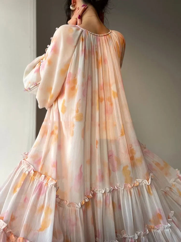 qgtao Elegant Print Midi Dresses For Women 2024 Spring Summer New French Fashion Sweet Vintage Female Clothes Loose Maxi Y2k Dress