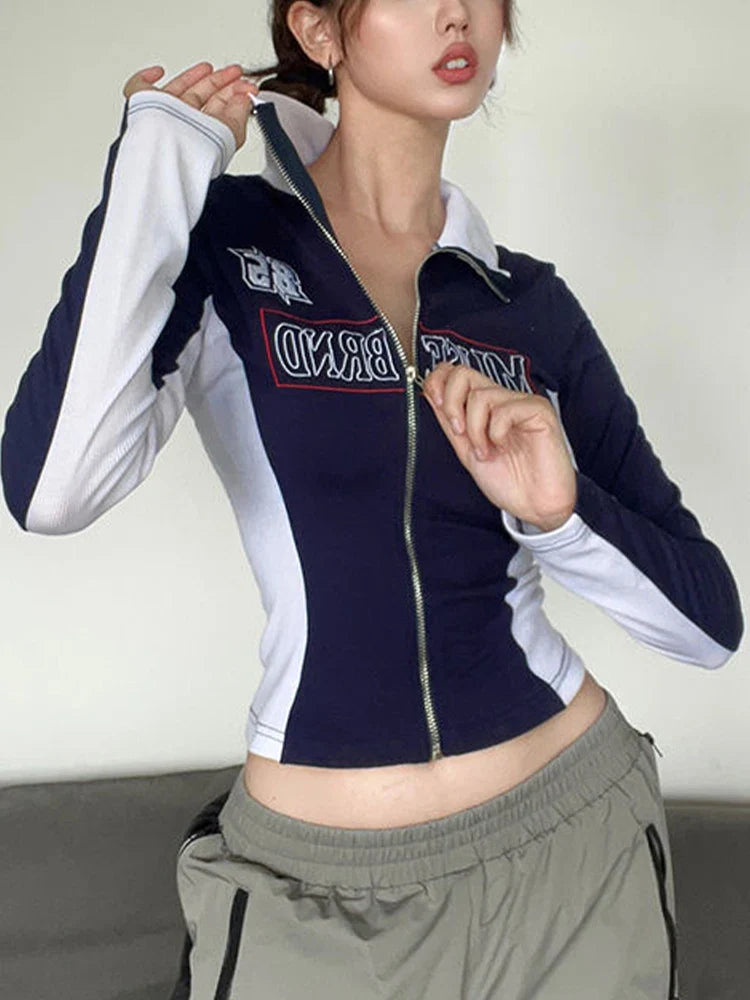 qgtao Y2K T-Shirt Women Long Sleeve Letter Print T-Shirt Stitching High Street Tee Jacket Ladies Zipper Slim Aesthetic Clothes