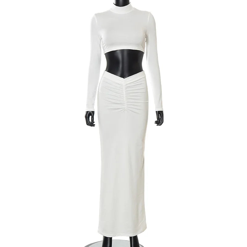 qgtao Sexy 2 Piece Set Outfits for Women Club Party Top and Dress Sets Elegant White Long Sleeve Long Ruched Matching Sets maxi skirt
