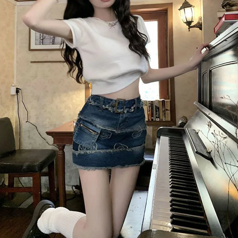 Vintage Distressed Denim Skirt Women 2023 Summer Raw Edge Embroid Design Mini Skirts Woman Korean High Waist Skirt with Shorts