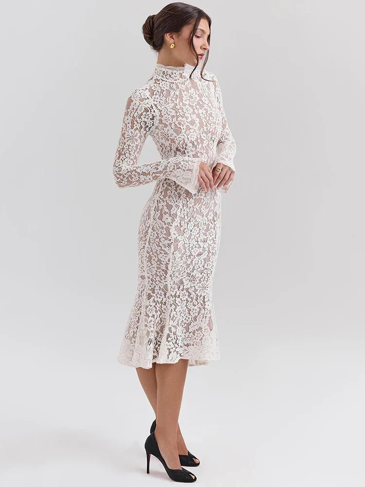 qgtao Lace Long Sleeve Sexy Midi Dress For Women Elegant White Half High Collar High Waist Bodycon Club Party Sexy Long Dress